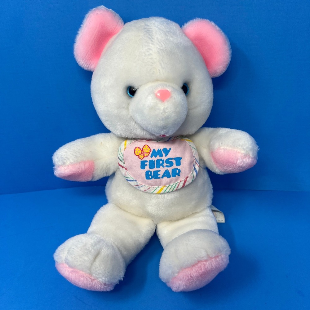 Amtoy My First Bear White Pink Bib Rare‎ Plush 1980's 11 inch Stuffed Animal Toy